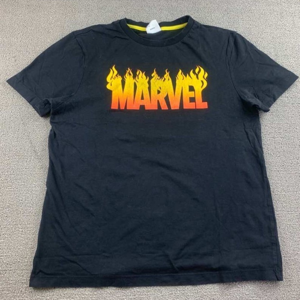 Primark Marvel T-Shirt Men Size L Black Graphic Flame Logo Cotton‎ Streetwear